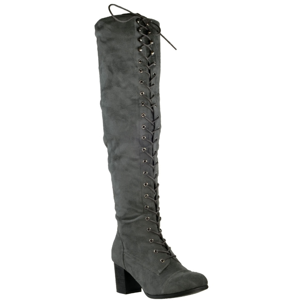 Womens Gray Suede Knee High Boots Block Heel
